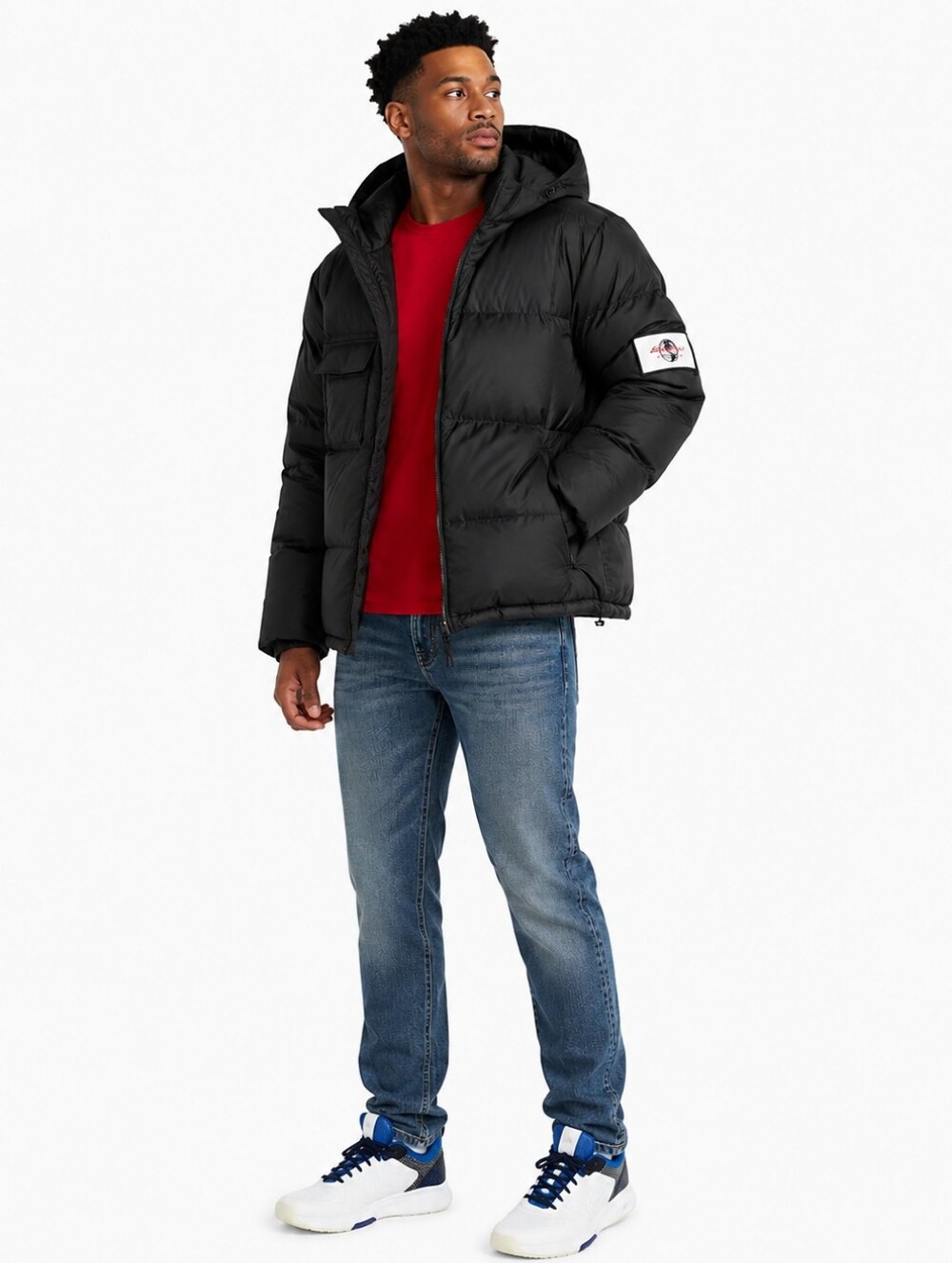 EDDIE BAUER MEN'S BLACK QUILTED PUFFER COAT WITH HOOD SIZE LARGE NWOT